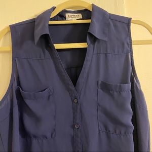 Sleeveless, blue blouse